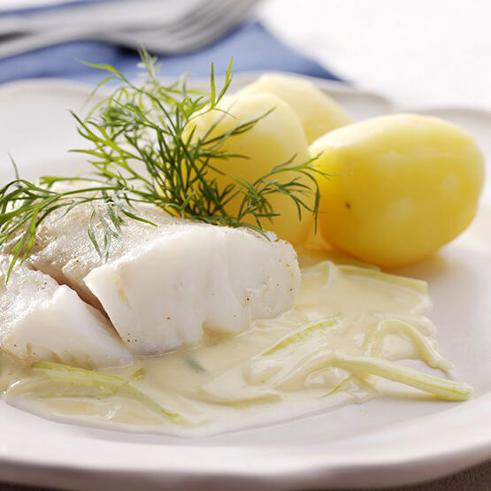 Lutfisk med kaviarstuvad purjolök